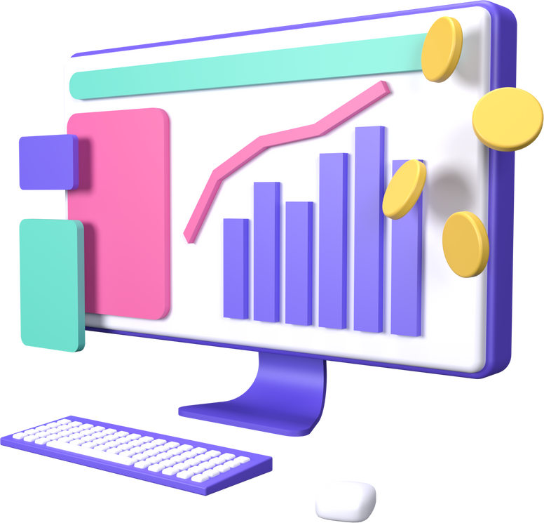 3D Computer with Sales Report Illustration 