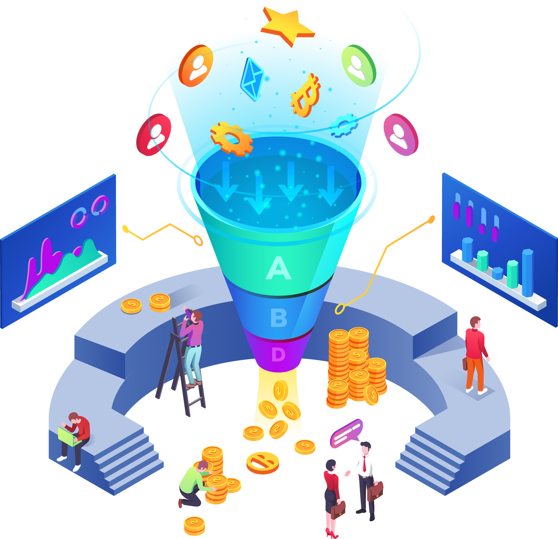 Isometric room with sale funnel generating sales